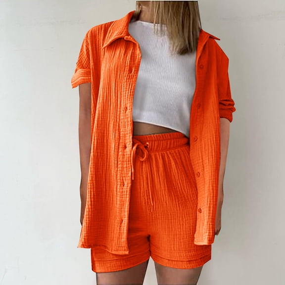 UVEASISHA 2 Piece Linen Set for Women Short Sleeve Button Down Shirts and Shorts Set Summer Casual Travel Outfits Orange S