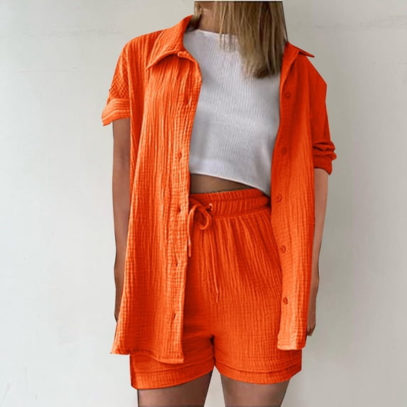 UVEASISHA 2 Piece Linen Set for Women Short Sleeve Button Down Shirts and Shorts Set Summer Casual Travel Outfits Orange XXXL