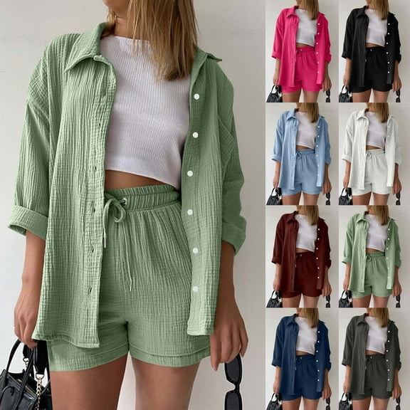 UVEASISHA 2 Piece Linen Sets for Women Summer Casual Office Outfits 3/4 Sleeve Collared Button Down Shirts Elastic Waist Drawstring Shorts Set Dark Gray L