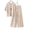 thumbnail image 1 of UVEASISHA 2 Piece Lounge Sets for Women Plus Size Linen Loungewear Sets 3/4 Sleeve Tops and Wide Leg Pants Matching Set Beige XL, 1 of 8