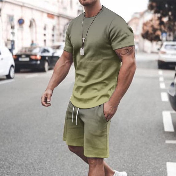 UVEASISHA 2 Piece Outfits for Men Gradient Print Tshirt Drawstring Sweatpant Big and Tall Summer Outfits Army Green XXXL