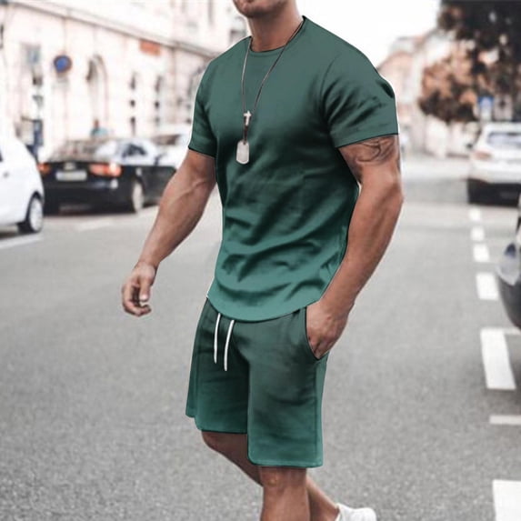 UVEASISHA 2 Piece Outfits for Men Gradient Print Tshirt Drawstring Sweatpant Big and Tall Summer Outfits Green M