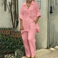 thumbnail image 1 of UVEASISHA 2 Piece Set for Women Cotton Linen Lounge Sets Short Sleeve Lapel Button Down Shirts and Wide Leg Pants Set Plus Size Comfy Loungewear with Pockets Pink XXXL, 1 of 5