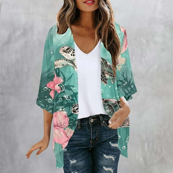 UVEASISHA 2025 Trendy Print Cardigan for Women 3/4 Sleeve Boho Casual Beach Cover Ups Loose Fit Summer Kimono Cardigans Multicolor#15 S