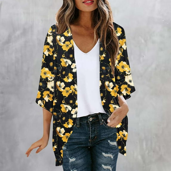UVEASISHA 2025 Trendy Print Cardigan for Women 3/4 Sleeve Boho Casual Beach Cover Ups Loose Fit Summer Kimono Cardigans Multicolor#9 XXL