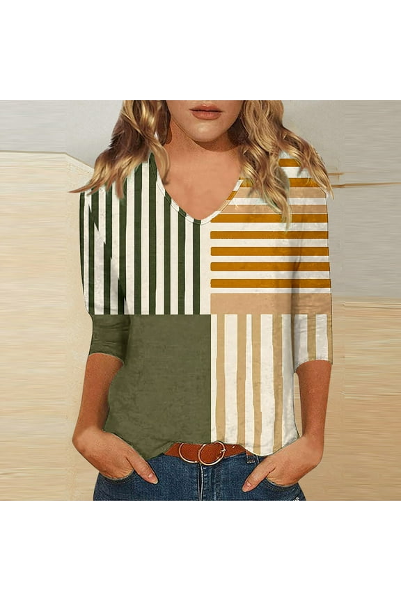 3/4 Length Sleeve Womens Tops Boho Floral Blouse Loose Casual V Neck T-shirt Mid-length Pullover Tees Army Green S