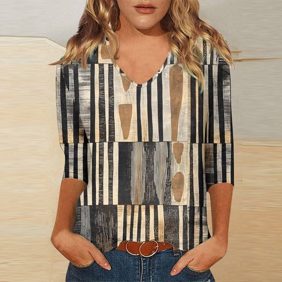 UVEASISHA 3/4 Length Sleeve Womens Tops Boho Floral Blouse Loose Casual V Neck T-shirt Mid-length Pullover Tees Multicolor#1 XXXL