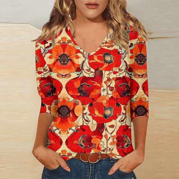 UVEASISHA 3/4 Length Sleeve Womens Tops Boho Floral Blouse Loose Casual V Neck T-shirt Mid-length Pullover Tees Orange XXL