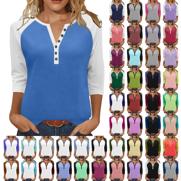 UVEASISHA 3/4 Length Sleeve Womens Tops Dressy Casual Henley Shirt Loose Casual Raglan Shirts Color Block Tunic Blouses Liquidación de invierno Navy M