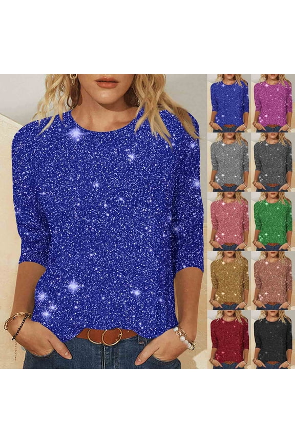 3/4 Length Sleeve Womens Tunic Blouse Casual Sequin Sparkly Tee Tops Trendy Party Clubwear Tops Pink M