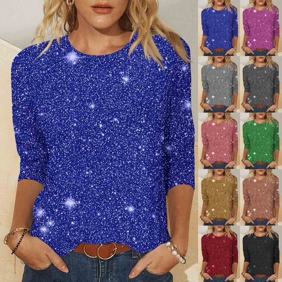 UVEASISHA 3/4 Length Sleeve Womens Tunic Blouse Casual Sequin Sparkly Tee Tops Trendy Party Clubwear Tops Red L