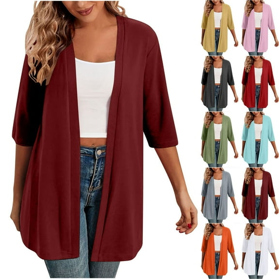 UVEASISHA 3/4 Sleeve Cardigan for Women Lightweight Open Front Draped Cardigans Fashion Solid Shrug Coverups with Pockets Green M