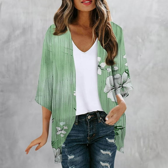 UVEASISHA 3/4 Sleeve Cardigans for Women Boho Hawaiian Coverup Vacation Outfits Floral Cardigan Lounge Comfy Clothes Green XL