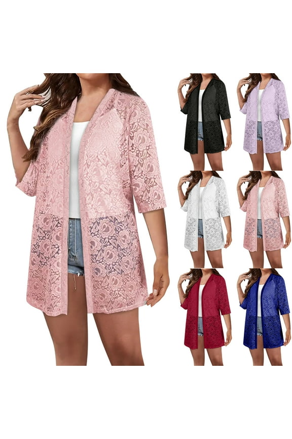 UVEASISHA 3/4 Sleeve Floral Lace Cardigans for Women Trendy Casual Mid-Long Duster Open Front See Through Kimono Cover Ups Black S
