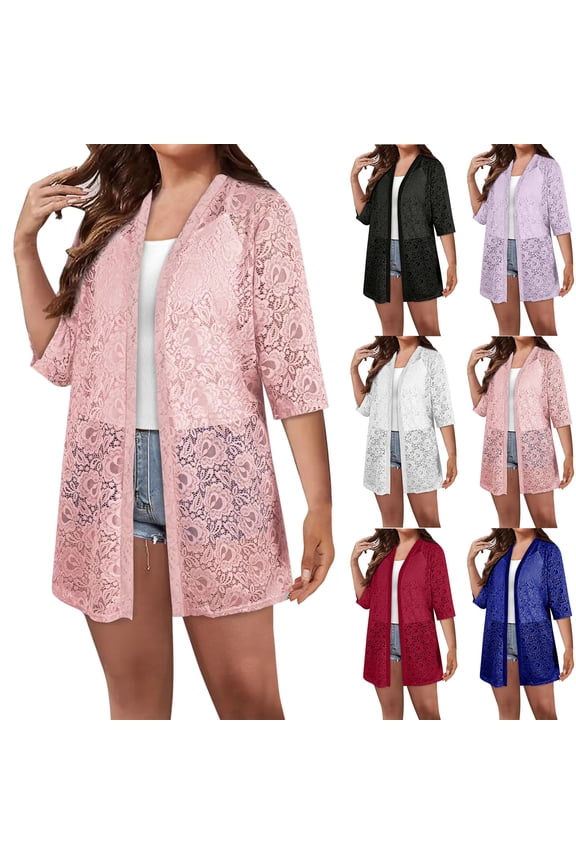 UVEASISHA 3/4 Sleeve Floral Lace Cardigans for Women Trendy Casual Mid-Long Duster Open Front See Through Kimono Cover Ups Purple XL