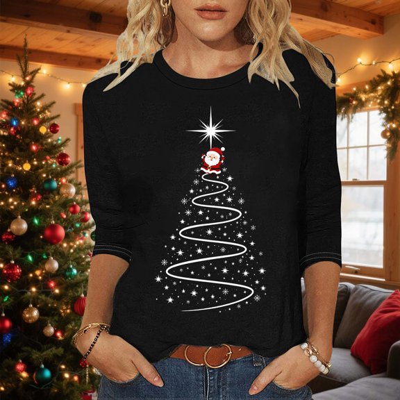 UVEASISHA 3/4 Sleeve Graphic Tees Women Christmas Tree Tops Novelty Xmas Gifts T-Shirts Casual Cozy Lightweight Tee Shirt Fall Winter Tshirts L