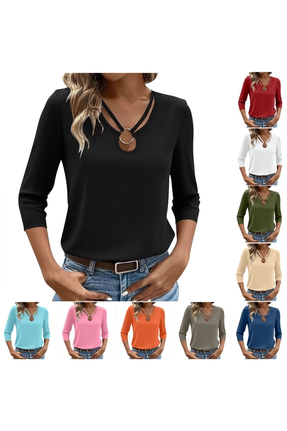 3/4 Sleeve Shirts for Women Dressy Casual Cutout O-Ring Tops Fall Fashion Keyhole Neck Tunic Blouses Liquidación de invierno Black S