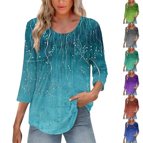 UVEASISHA 3/4 Sleeve Top for Women Trendy Floral Print Top Casual Crew Neck Pleated Blouse Gray L