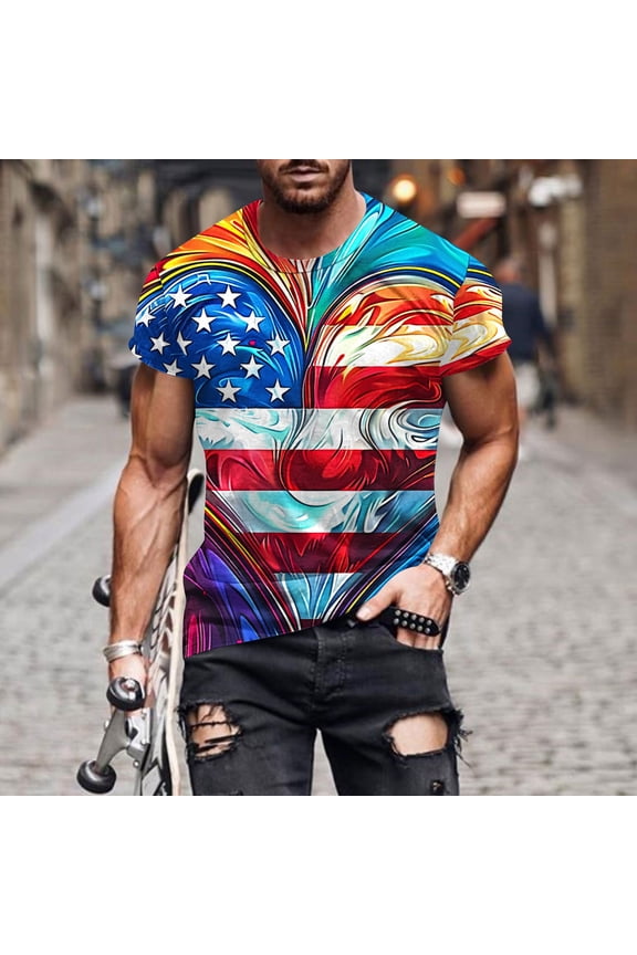 3D Printed Tshirts for Men Short Sleeve Summer Party Clubwear Tee Tops 4th of July Patriotic T-Shirts Blue XL