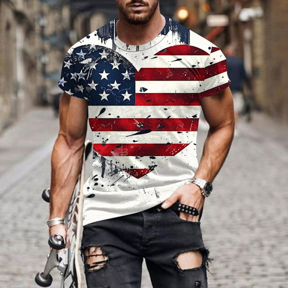 UVEASISHA 3D Printed Tshirts for Men Short Sleeve Summer Party Clubwear Tee Tops 4th of July Patriotic T-Shirts White L