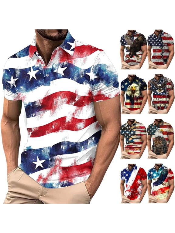 4th of July Golf Shirts for Men Mesh Quick Dry Athletic Short Sleeve Polos Shirts Novelty American Flag Eagle Graphic Collared T-Shirts Hot Pink 3XL