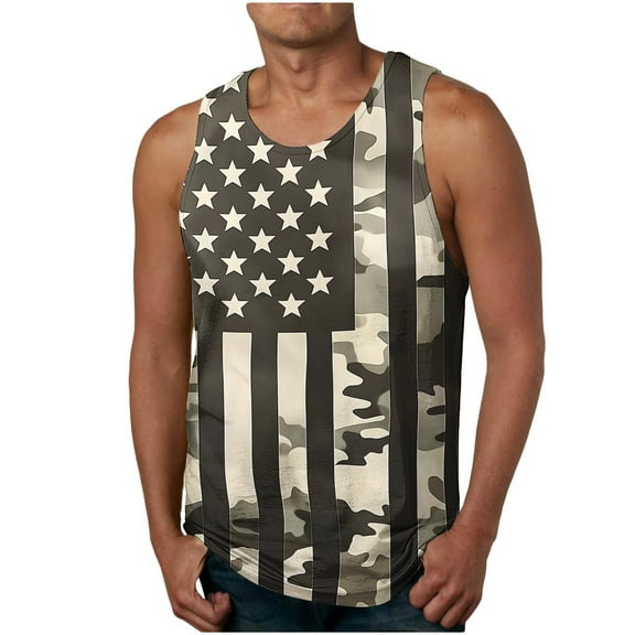 UVEASISHA 4th of July Gym Tank Tops for Men Quick Dry Sleeveless Workout Shirts Memorial Day Distressed Print Athletic Vest Holiday Casual Muscle Tanks Brown XL
