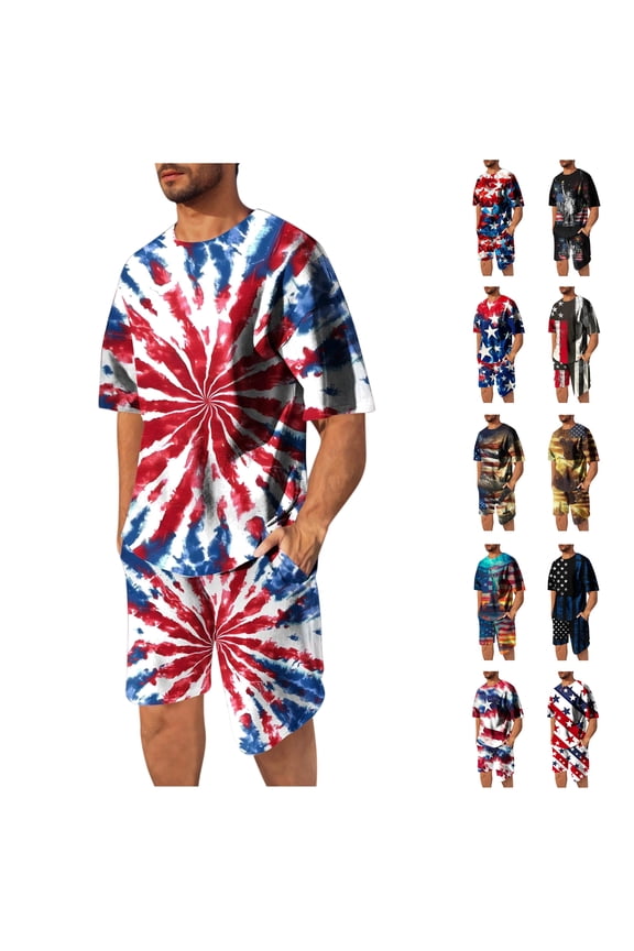 4th of July Mens Big and Tall Shorts Sets 2 Piece Outfits American Flag Print T-Shirt with Beach Short Pant Suits Memorial Day Casual Athletic Set Multicolor#10 L