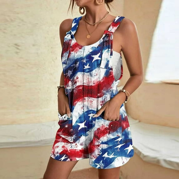 UVEASISHA 4th of July Outfits for Women Patriotic Sleeveless American Flag Rompers 2025 Adjustable Straps Independence Day Short Jumpsuit Multicolor#3 M