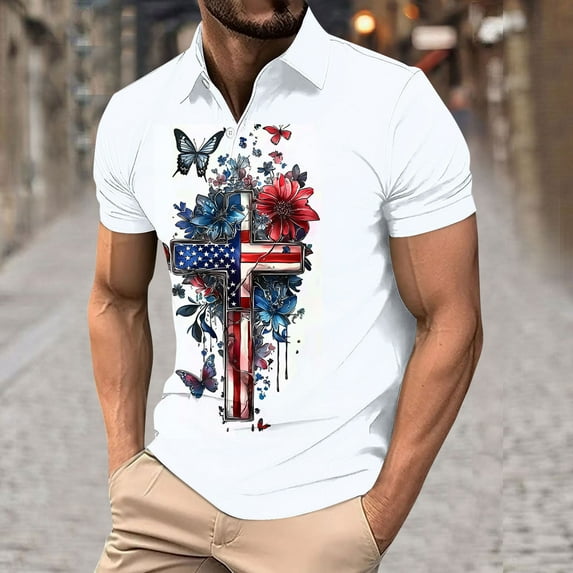 UVEASISHA 4th of July Polos Shirts for Men Business Casual Button Collared T-Shirt Big and Tall Short Sleeve Golf Shirt Slim Fit Stylish Patriotic Tee White-1 XXL