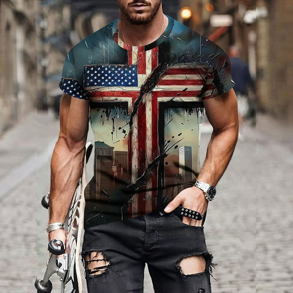 UVEASISHA 4th of July Shirts for Men Short Sleeve Crewneck Patriotic Graphic Tees Christian Cross Printed T Shirt Big and Tall Casual Slim Fit Workout Shirt Navy 3XL
