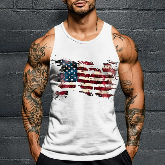 UVEASISHA 4th of July Tank Top Men Stretch Slim Fit Workout Shirts Big and Tall Casual American Flag Print Sleeveless Shirt Memorial Day Muscle Tank Tops White S