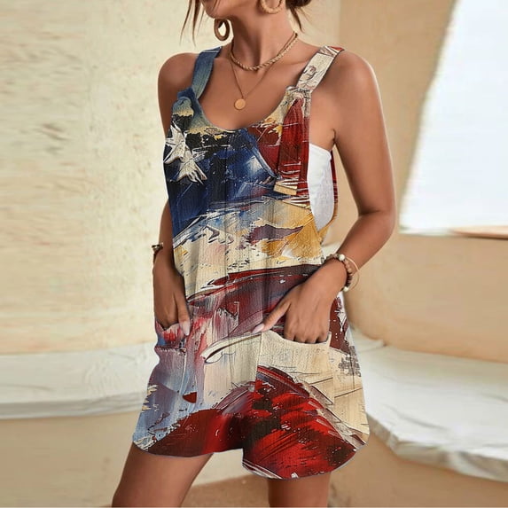UVEASISHA 4th of July Rompers for Women Sleeveless Independent Day Patriotic Overalls American Flag Festival Outfits Multicolor#25 XXL