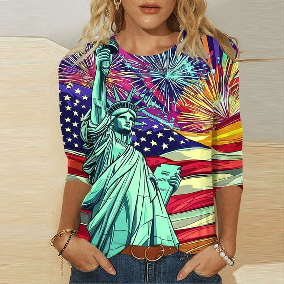 UVEASISHA 4th of July Shirts for Women 3/4 Sleeve Novelty Print Graphic Tee Loose Casual Beach Party Tops Red M