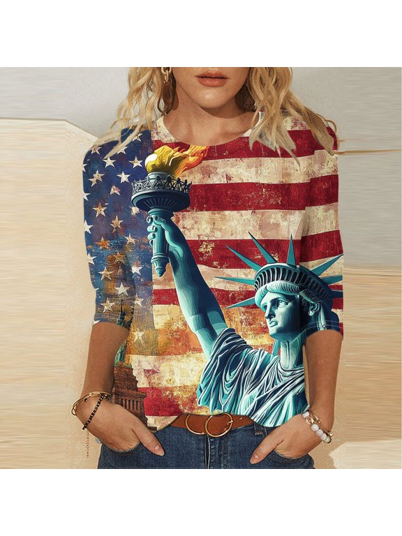 4th of July Shirts for Women 3/4 Sleeve Novelty Print Graphic Tee Loose Casual Beach Party Tops Red XXXXL