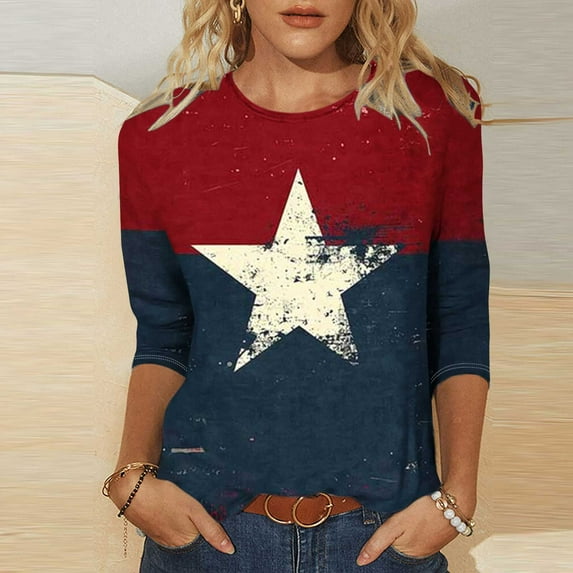 UVEASISHA 4th of July Shirts for Women 3/4 Sleeve Stars and Stripes Graphic Tee American Flag Patriotic Tops Multicolor#1 XXXXL