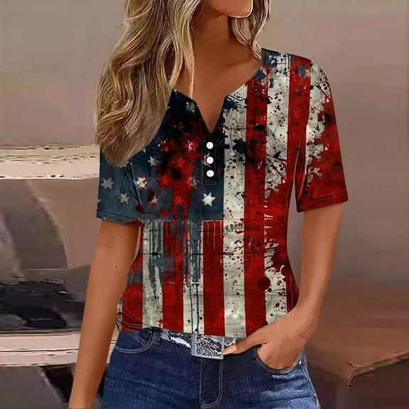 UVEASISHA 4th of July Shirts for Women Henley Shirt Short Sleeve American Flag T-Shirt Summer Patriotic Tops 2025 Multicolor#4 XXXL