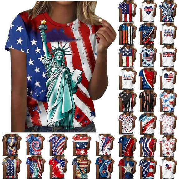 UVEASISHA 4th of July Shirts for Women Short Sleeve Stars and Stripes Graphic Tees Mid-Length Casual Parade Outfits Multicolor L