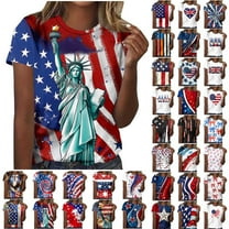 UVEASISHA 4th of July Shirts for Women Short Sleeve Stars and Stripes Graphic Tees Mid-Length Casual Parade Outfits Multicolor L