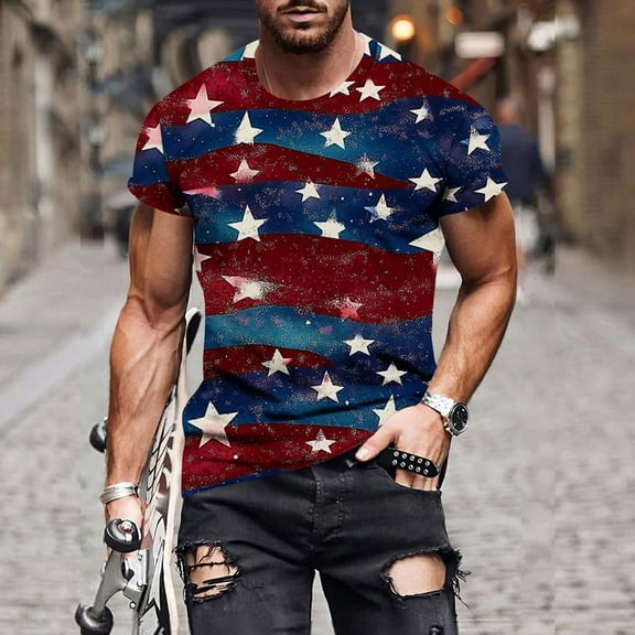 UVEASISHA 4th of July Tshirts for Men Short Sleeve Stars and Stripes Graphic Tee Funny American Flag T-Shirts Red M