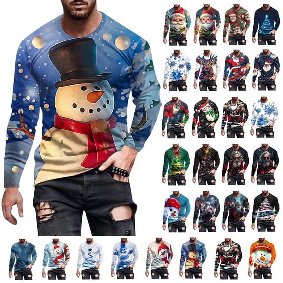 UVEASISHA Mens Christmas T Shirts Xmas Tree Printed Graphic Tees for Men Big and Tall Casual Hipster Tee Tops Slim Fit Long Sleeve Crewneck Pullover Black S