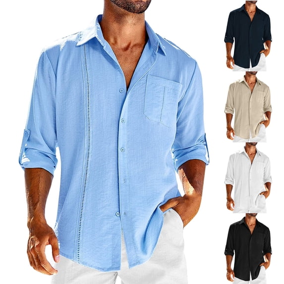 UVEASISHA Mens Lightweight Cotton Linen Shirts Roll-up Long Sleeve Casual Button Down Shirt for Men Solid Color Cuban Guayabera Shirts with Pocket Khaki L