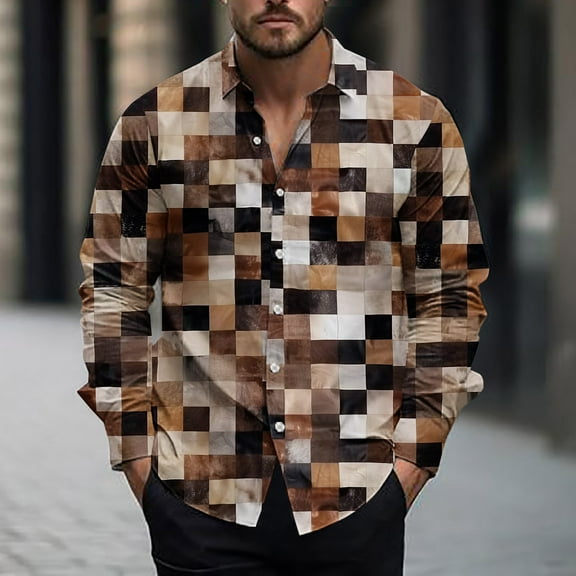 UVEASISHA Button Down Long Sleeve Shirts for Men Vintage Plaid Printed Beach Shirt Regular Fit Casual Spread Collared Dress Shirts Summer Hawaiian Shirt Coffee S