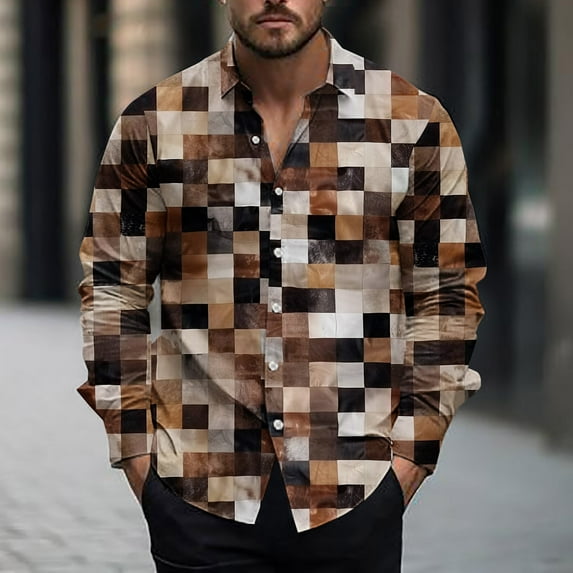 UVEASISHA 90 Off Clearance Sale Button Down Long Sleeve Shirts for Men Vintage Plaid Printed Beach Shirt Regular Fit Casual Spread Collared Dress Shirts 2025 Summer Hawaiian Shirt Coffee M