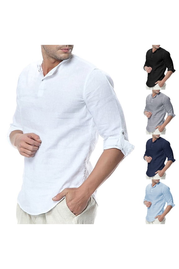 90 Off Clearance Sale Cotton Linen Henley Shirts for Men Roll Up Long Sleeve Button-up Collarless T-Shirt Loose Fit Casual Golf Shirts Summer Lightweight Beach Shirt Black S