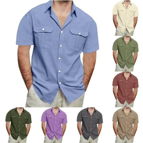 UVEASISHA 90 Percent Off Clearance Sale Mens Hawaiian Linen Shirts Big and Tall Casual Short Sleeve Button Down Shirt Solid Color Regular Fit Beach Vacation Shirts with Pockets Green 4XL