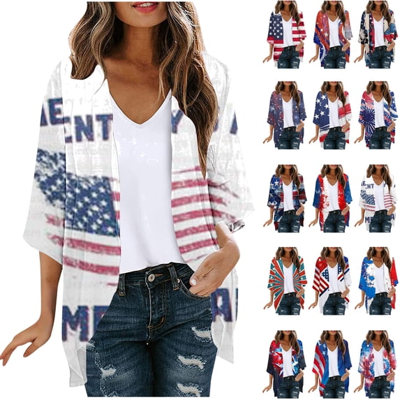 UVEASISHA American Flag Cardigan Women 4th of July Plus Size Cardigans 3/4 Sleeve Casual Open Front Kimono Jacket Summer Flowy Beach Coverups Multicolor 5XL