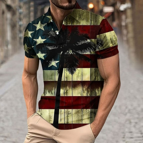 UVEASISHA American Flag Golf Shirt for Men 4th of July Button Collared T-Shirt Big and Tall Casual Patriotic Polos Memorial Day Distressed Graphic Tees Beige M