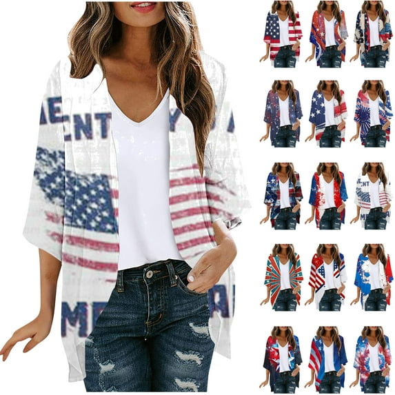 UVEASISHA American Flag Kimono for Women 4th of July 3/4 Sleeve Cardigans Summer Open Front Casual Beach Coverups Independence Day Print Cardigan Jackets Multicolor 3XL