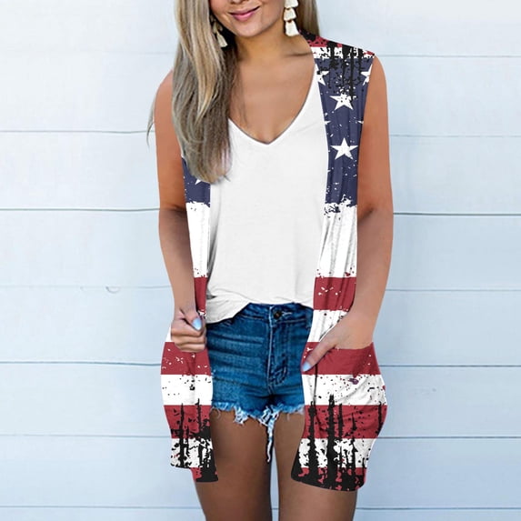 UVEASISHA American Flag Kimonos for Women Sleeveless Novelty Print Tank Independence Day Patriotic Cardigan Summer Beach Cover Ups Multicolor#6 XL