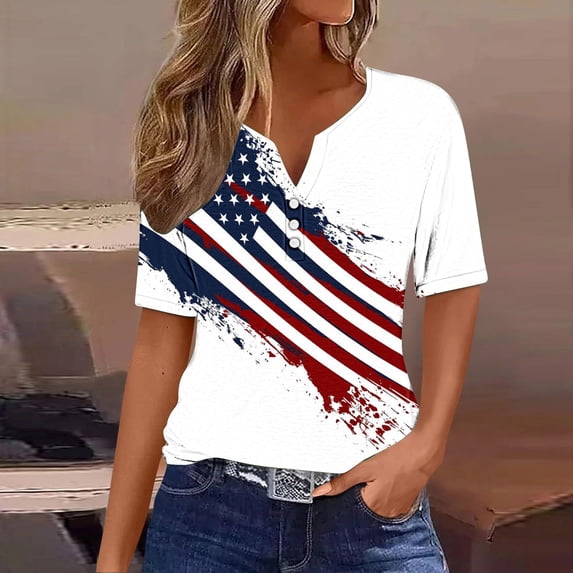 UVEASISHA American Flag Shirt Women 4th of July Shirts 3/4 Sleeve 2025 Independence Day Patriotic Tops Stars and Stripes Graphic Tee Multicolor XL